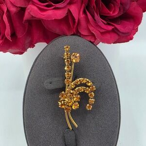 Vintage Austrian Amber Rhinestone Floral Spray Brooch Pin‎ Gold Tone Signed